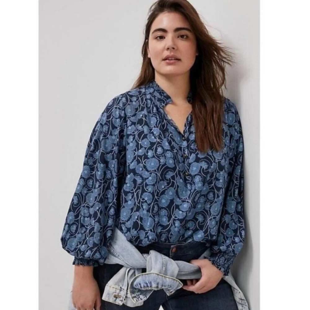 Anthropologie Maeve Colette Peasant Blouse Women 3X Blue Floral Balloon Sleeve